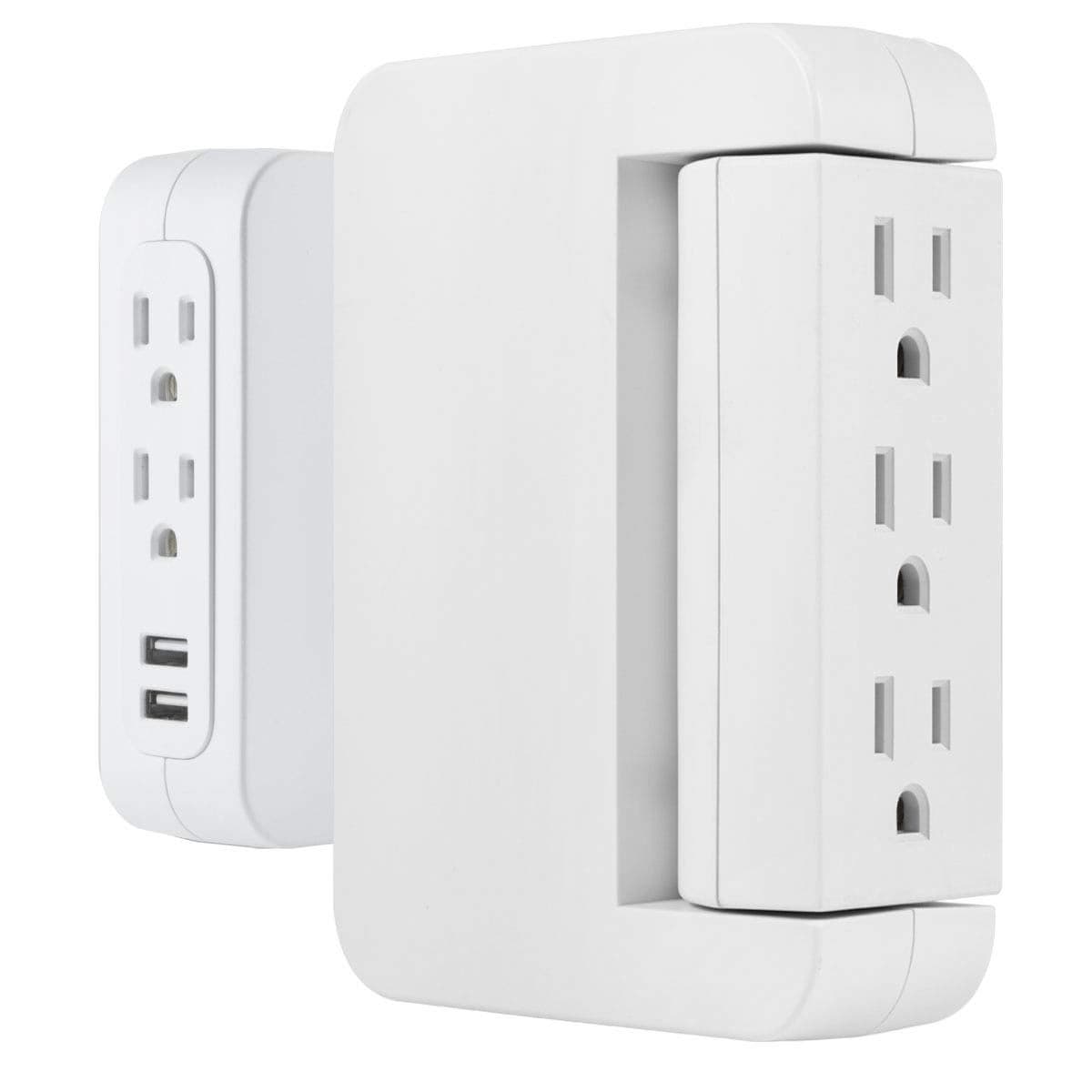 GE Pro SideAccess Swivel Surge Protector 2 Pack 5Outlet Extender with 2 USB Ports Wall Tap Adapter Charging Station 3Prong 560 Joules 24 AMP12 Watt UL Listed White 55246