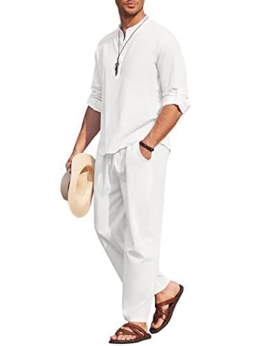 COOFANDY Mens 2 Pieces Cotton Linen Set Long Sleeve Henley Shirts Casual Beach Pants With Pockets Summer Yoga Outfits