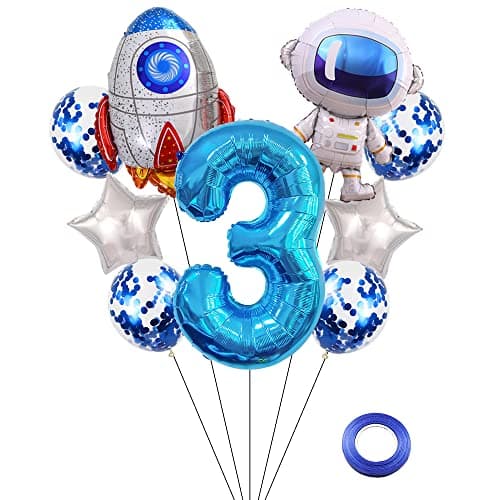 Kawailay Astronaut Rocket 3rd Birthday Party Balloons Jumbo Spaceman Birthday Balloons Outer Space Theme Foil Balloons 32 Inch Blue Number 3 Helium Balloon for Birthday Party