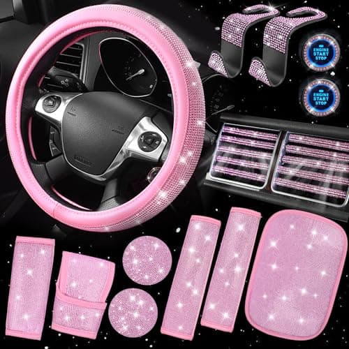 CAR PASS Bling Pink Car Accessories Set for Women Sparkly Rhinestone Diamond Steering Wheel Cover Seat Belt Cushion Glitter Shift Knob Cover Car Cup Holder Coaster Cute Interior Sets Pink 22 PCS