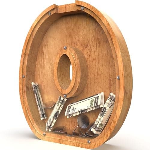 Piggy Bank for Kids Boys Girls Large Personalized Wooden Letter Piggy Bank with CutOut Design Alphabet Letter Coin Banks Money Savings Box Wooden Bank for Kids Creative Gift for RealMoneyO