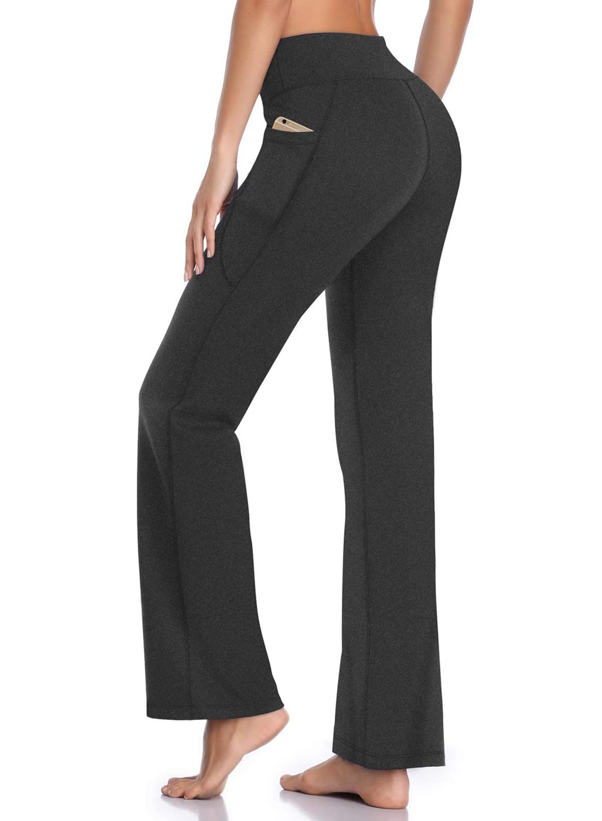 HISKYWIN Side Pockets Yoga Pants 4 Way Stretch Tummy Control Workout Running Pants, Long Bootleg Flare Pants HF201-Charcoal-L