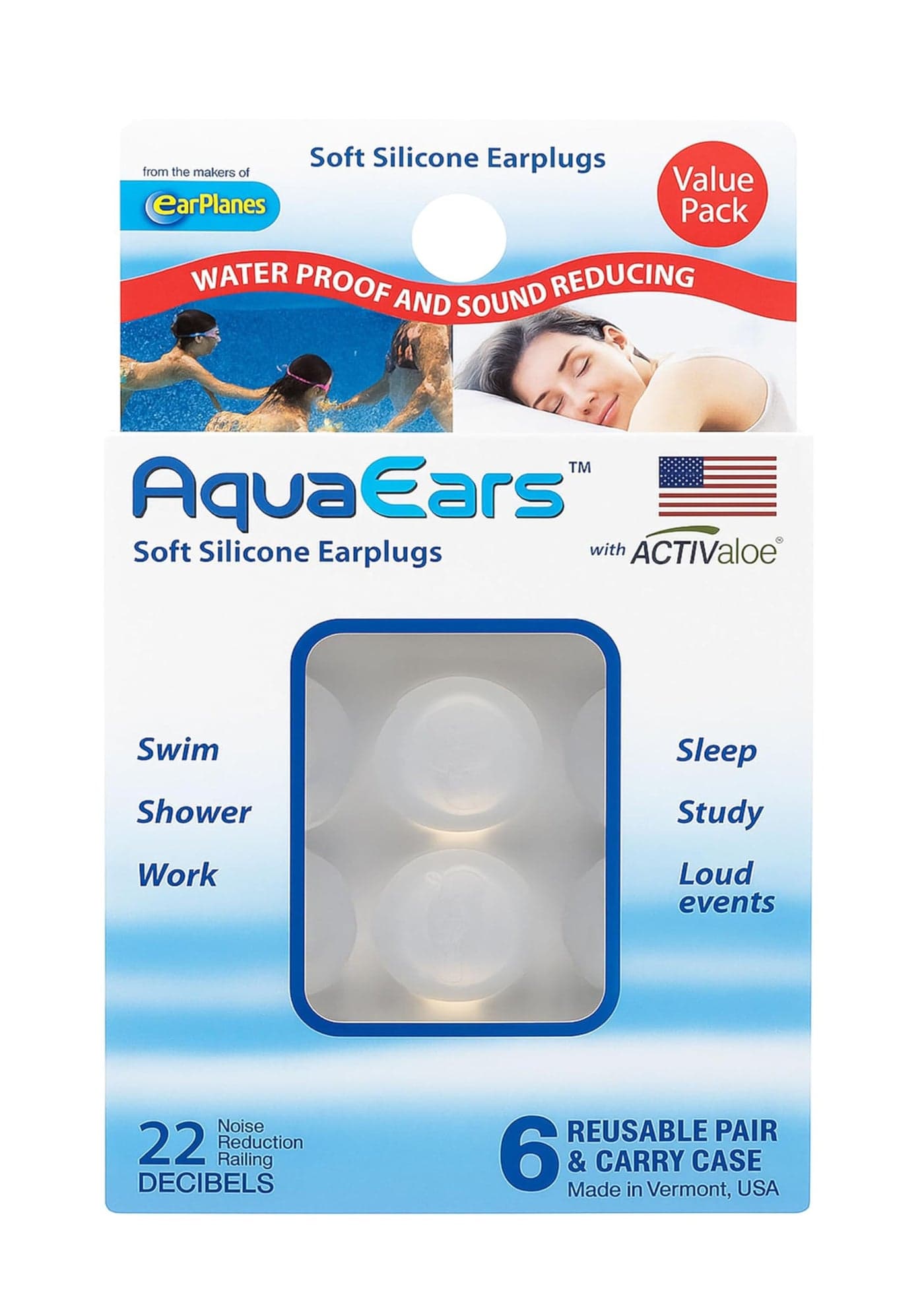 AquaEars Adults 6 Pair Soft Silicone Ear Plugs for sleep study Loud noise Meditation Sound Reducing swim water proof EarPlugs Carry Case with Activ Aloe