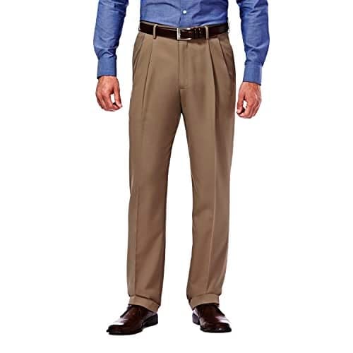 Haggar mens Mynx Gabardine Hidden Expandable Waistband Classic Fit Front Pleated dress pants, Khaki, 38W x 34L US