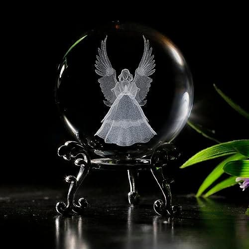 vskikris 2.36in 3D Laser Crystal Guardian Angel Figurine Crystal Ball Paperweight with Stand Base - 3D Engraving Crystal Praying Angel Gift Home Decor
