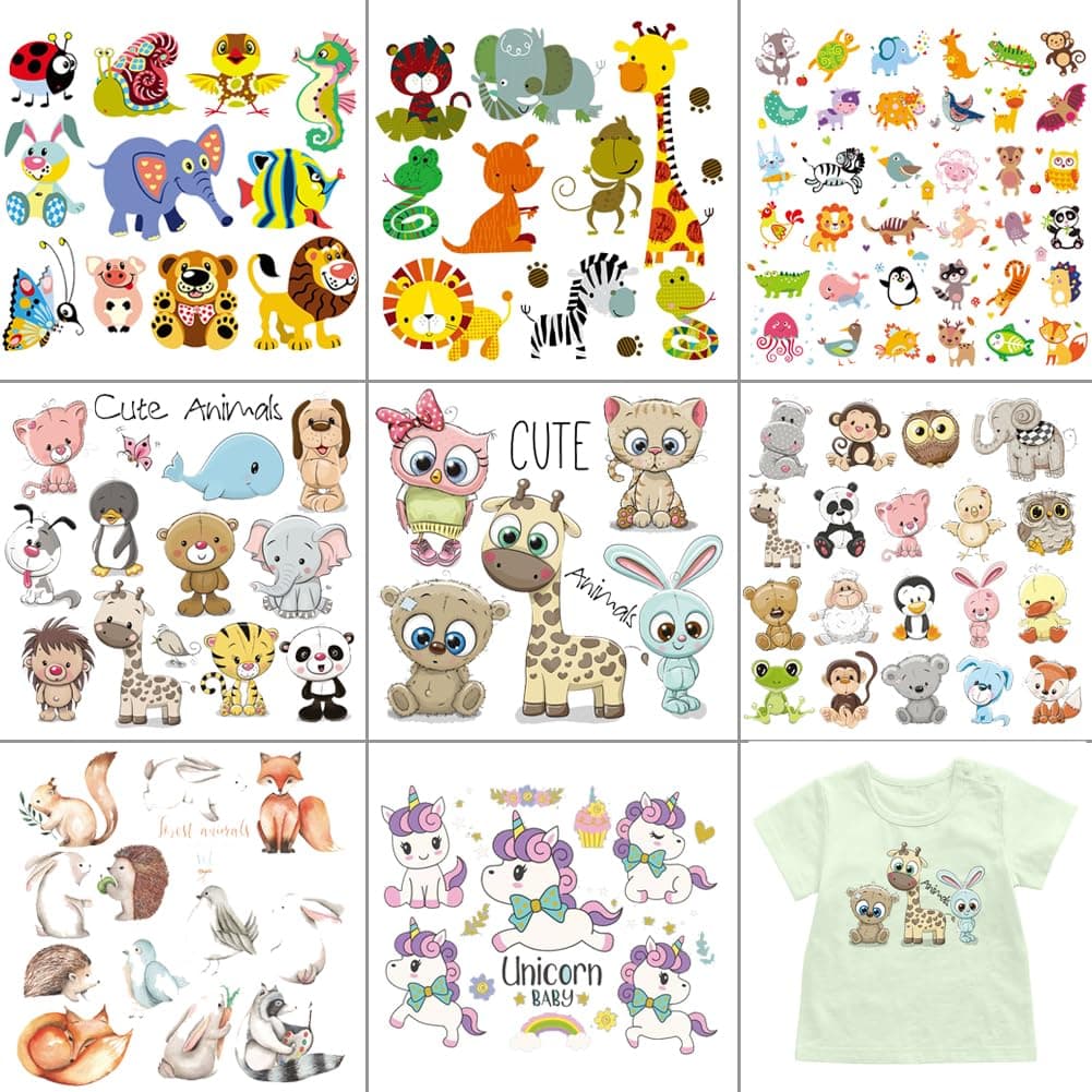 Cute Animal Iron on Stickers Patches 8 Sheets Butterfly Lion Unicorn Cartoon Animal Heat Transfer Stickers Decals DIY Kids Baby Boys Girls Clothes Jeans TShirt Hat Bag Decoration Applique