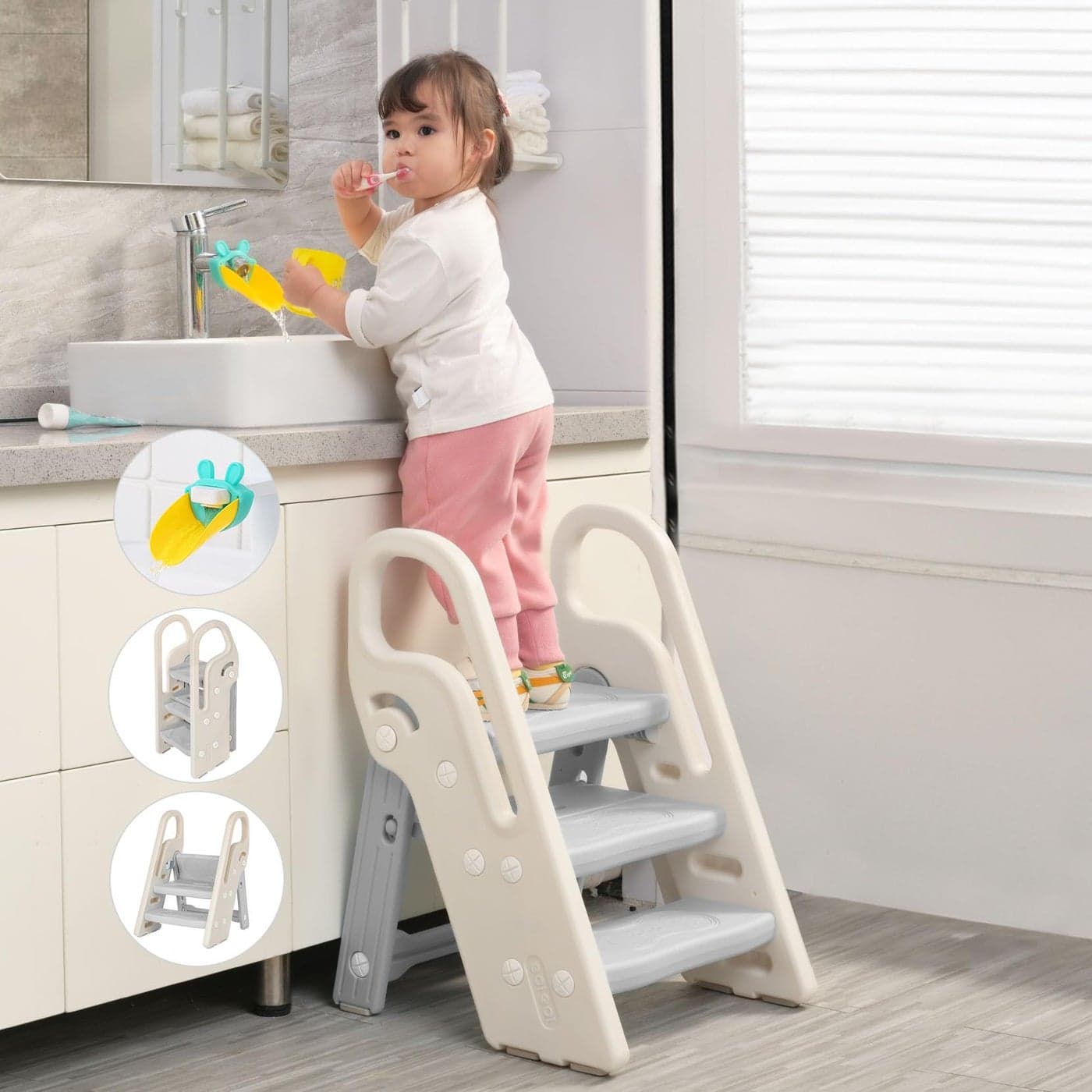 Onasti Foldable Step Stool for Bathroom Sink Adjustable 3 Step Stool for Kids Toilet Potty Training Stool with Handles Child Kitchen Counter Stool Helper Plastic Ladder for Toddlers Grey