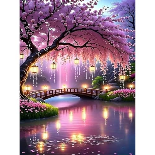 MOMDEDP Flower Diamond Arts Kits for AdultsFlowers Diamond Painting Kits for Adults 5D Sakura Diamond Art Kits DIY Floral Gem Art DIY Crafts Kits Home Wall Decor Gifts 12x16 inch