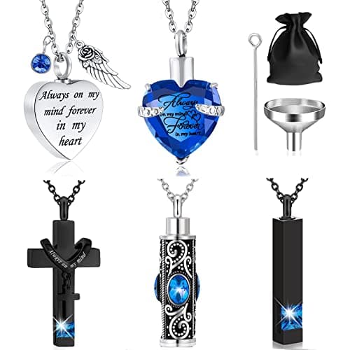 ANTESCORT 5 Pcs Urn Necklace for Ashes Keepsake Cremation Jewelry Heart Cross Cubic Stainless Steel Urn Keepsake Necklace Crystal Memorial Locket Ashes Jewelry for Women Men Loved Ones