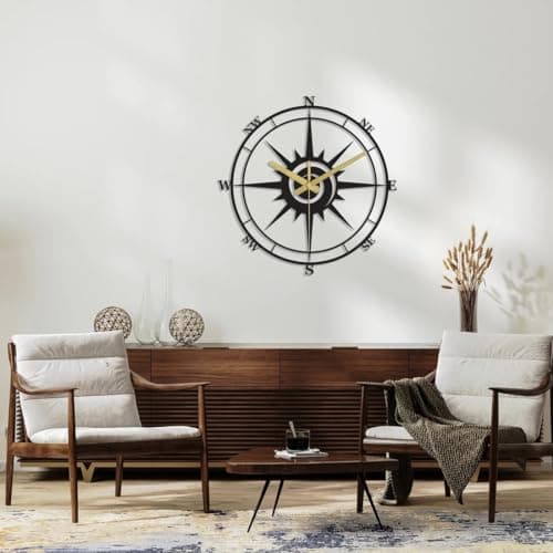 Cartvilla Unique Latin Numeral Analog Compass Metal Wall Clock, Modern Silent Metal Wall Clock, Compass Home Decor and Wall Arts, Housewarming Gift (Style-9, Size-50 CM), Black