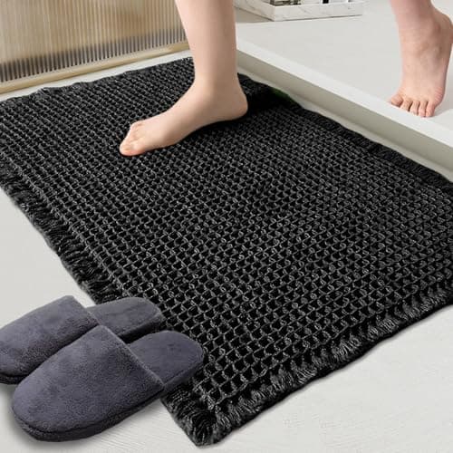 ZALL Waffle Bath Mat Black Super Absorbent Non Slip Bathroom RugRhombus Geometric 17x24inchMachine Washable Ultra Soft Floor Mats
