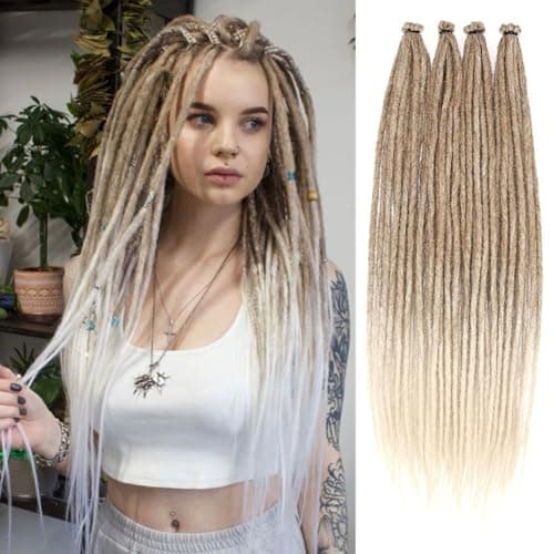 Kraler Dreadlock Extensions, 22" Brown to Blonde Synthetic Crochet Dreads Extensions 100% Handmade Single Ended Dreads Thin 0.6cm Width Reggae Style Dreadlock for Girls(10 Strands)