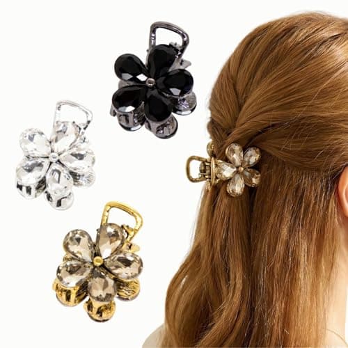 Radhu & Kabby Crystal Flower Hair Claw Clip Pack | Black, Silver & Gold Metal Claw Clips for Women & Girls | Strong Grip Stylish Diamond-Cut Stone Floral Hair Accessories | Pack of 3