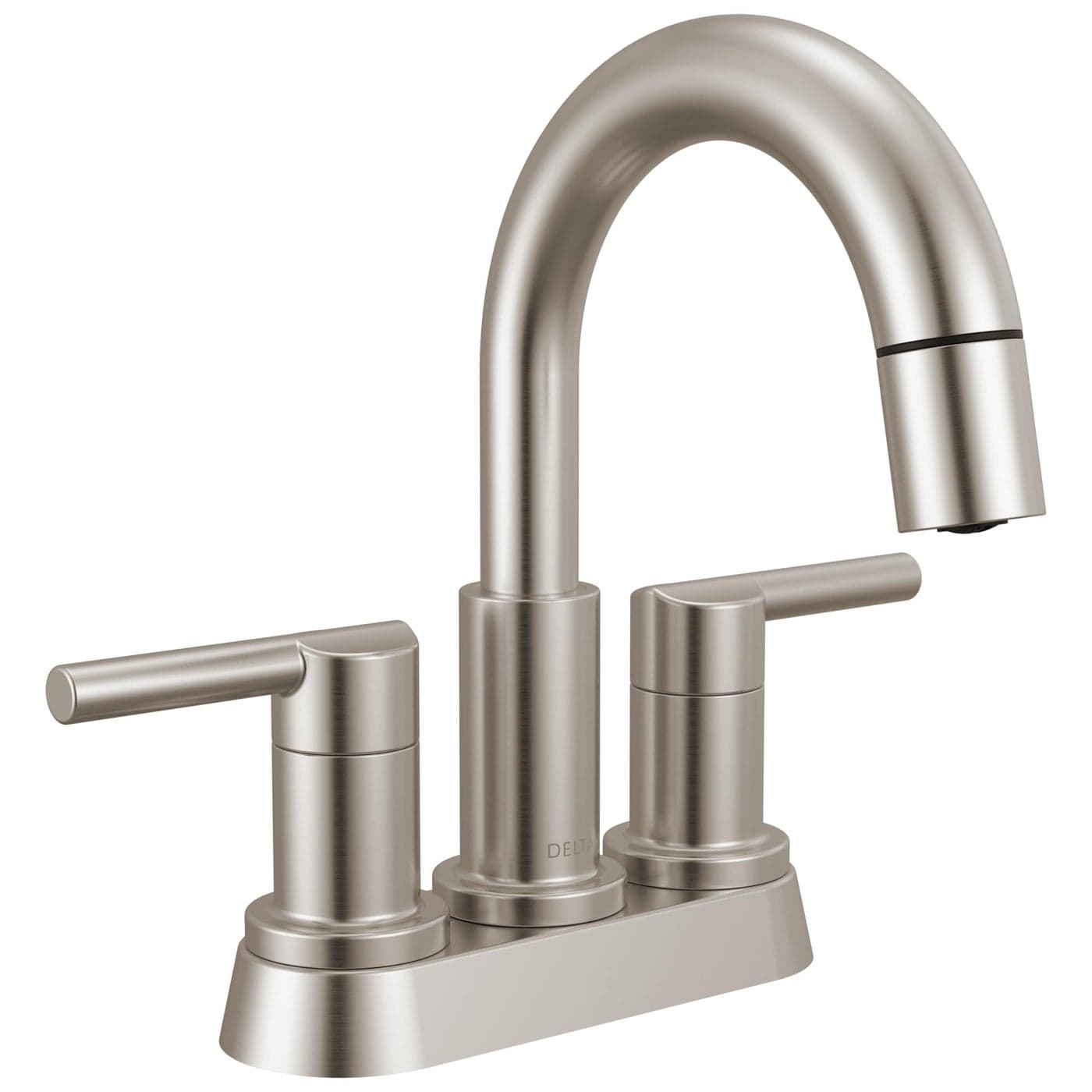 Delta Nicoli Centerset Brushed Nickel Bathroom Faucet with Sprayer 4 Inch 3 Hole Bathroom Sink Faucet with Pull Out Sprayer PushPop Drain Stainless 25749LFSSPD