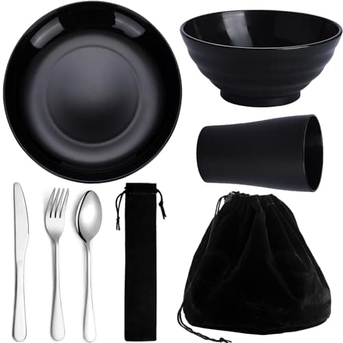 Kyraton Camping Utensils Portable Travel Silverware Set with Reusable Light Weight Mug Bowls and Plate Stainless Steel Cutlery Set Camping Mess Kit for 1 Person