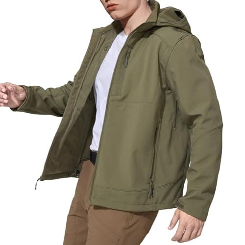 LACKWAR Mens Jacket Lightweight Waterproof Hooded Coats Detachable Hood Full Zip Windproof Fleeced Tactical Soft Shell Jackets for Men (Olive Green, S)