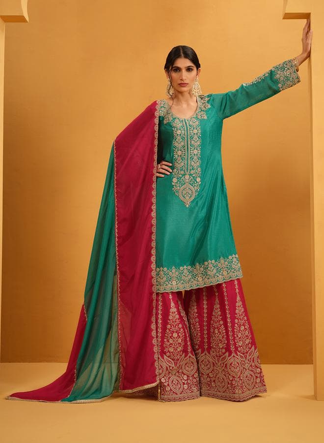 Women's Green Chinon Embellished Tunic Upperwear Knee Length Palazzo Bottomwear Straight Fit 3 Peice Kurta Set