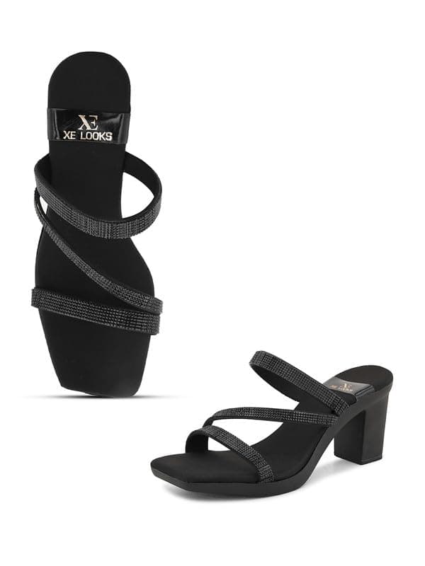 XE Looks Black Women's Fashion Sandals | Faux Leather Soft and Stylish SlipOn Block Heel | Casula & Wedding Occasion | For Women & Girls