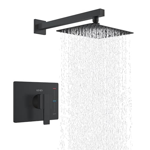 KENES Matte Black Shower Faucet with 10-Inch Shower Head and Handle Set, Square Shower Faucet Set Bathroom Rainfall Shower System Wall Mount, KE-6024B-2 (Shower Valve Included)