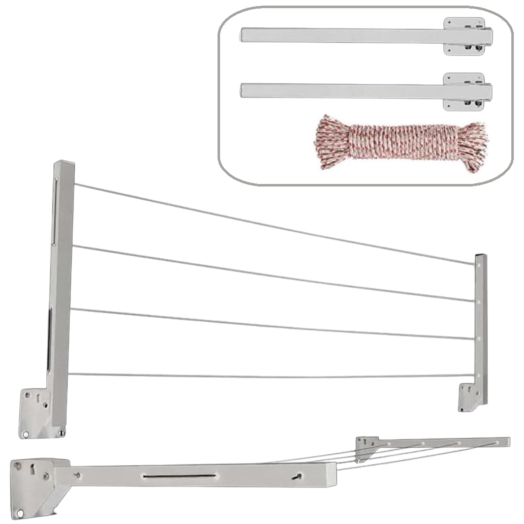 Viulvuk Heavy Metal Cloth Drying Stand with 40 Feet Rope Fasteners Rust Proof Wall Mount Cloth Dryer Hanger Foldable Collapsible Clothes Dry rack for Home Balcony Parking 4 Tier Ivory White