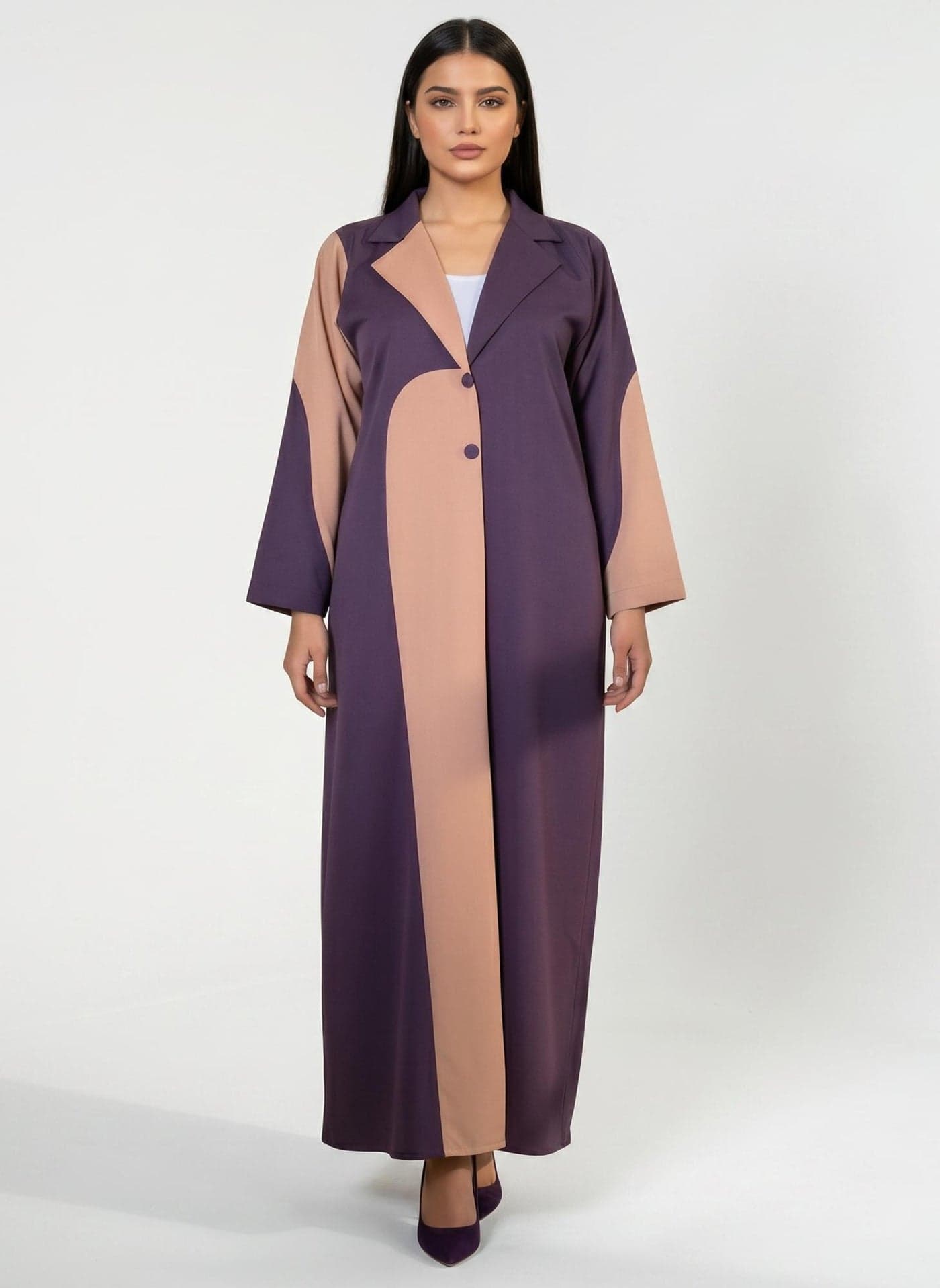 Deep Purple Abaya with Peach Contrast Trim, Blazer Style Collar Design