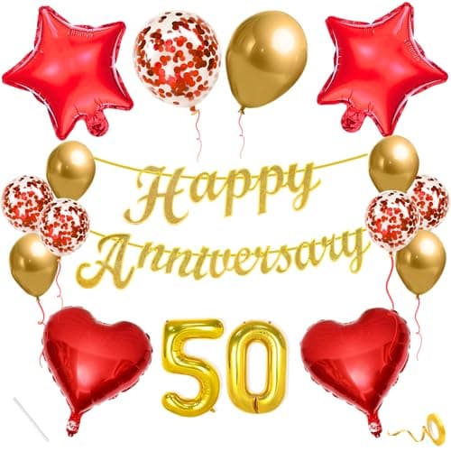 Flyloons 50th Happy Anniversary Decoration Kit Red Gold for Men Women Husband Wife With 10 Pcs Confetti Balloons Anniversary Banner 4 Pcs Star Heart Set Items Golden Jubilee