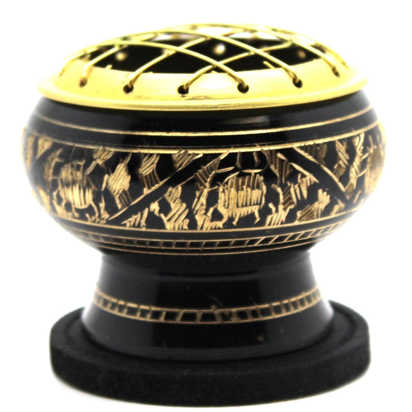 Govinda Small Decorated Brass Charcoal Screen Incense Burner with Wooden Coaster