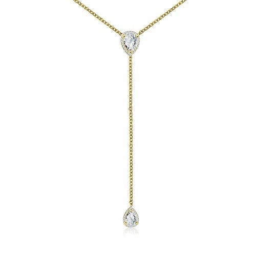 CZ Pear Drop Lariat Necklace 16" with 2.75" Y Drop Adjustable, 14K Yellow Gold Finish