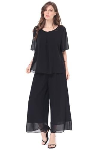 Women's 2 Piece Chiffon Sets Outfits Flowy Summer Casual Dressy Pantsuits Loose Double Layers Blouse Pants Sets Black