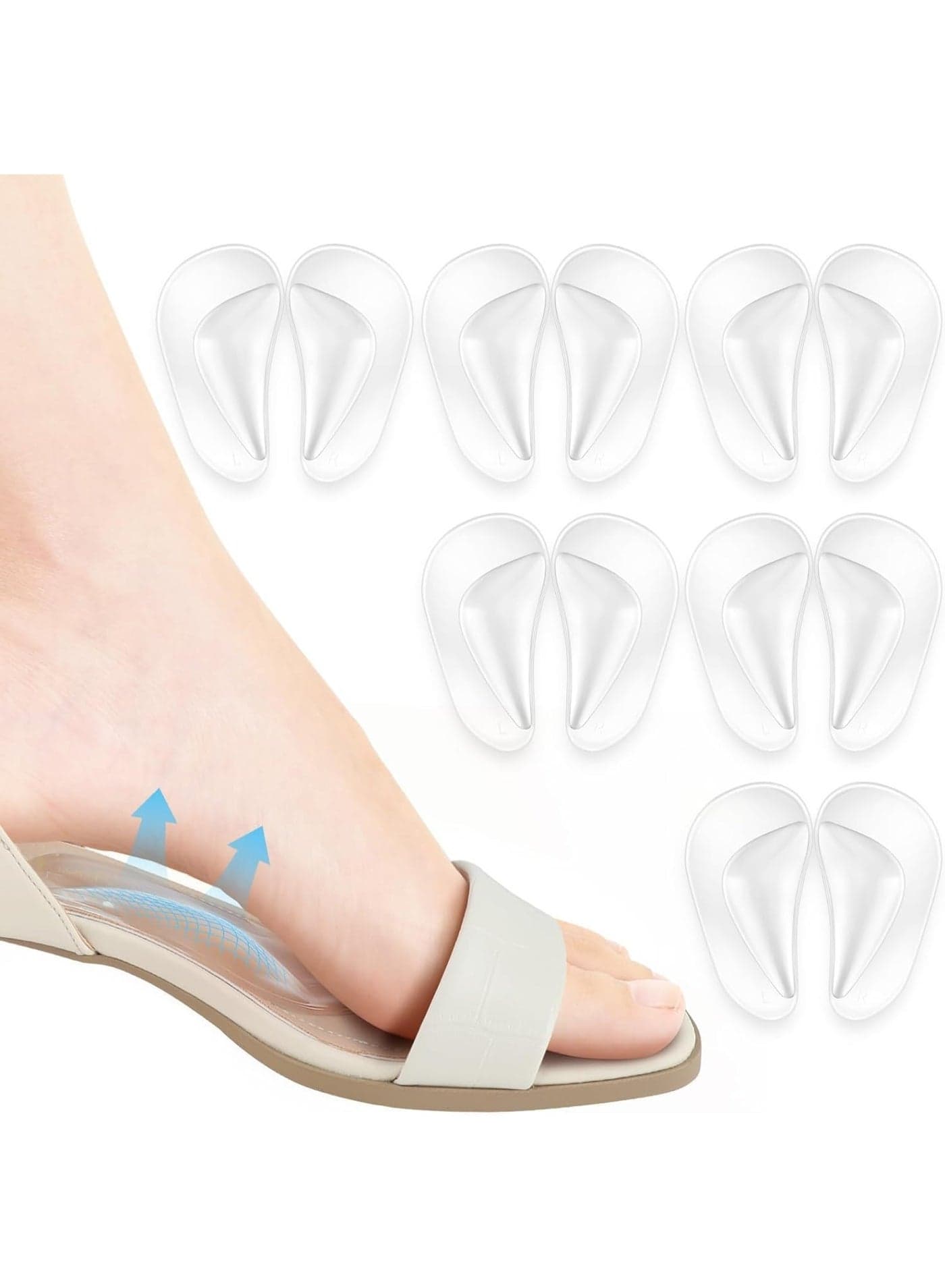 Arch Support Inserts, Adhesive Arch Support Pad Shoe Insoles for Flat Feet, Gel Arch Support Cushions for Pain Relief Woman Man High Heels Flat Shoes (6 Pairs, Transparent)