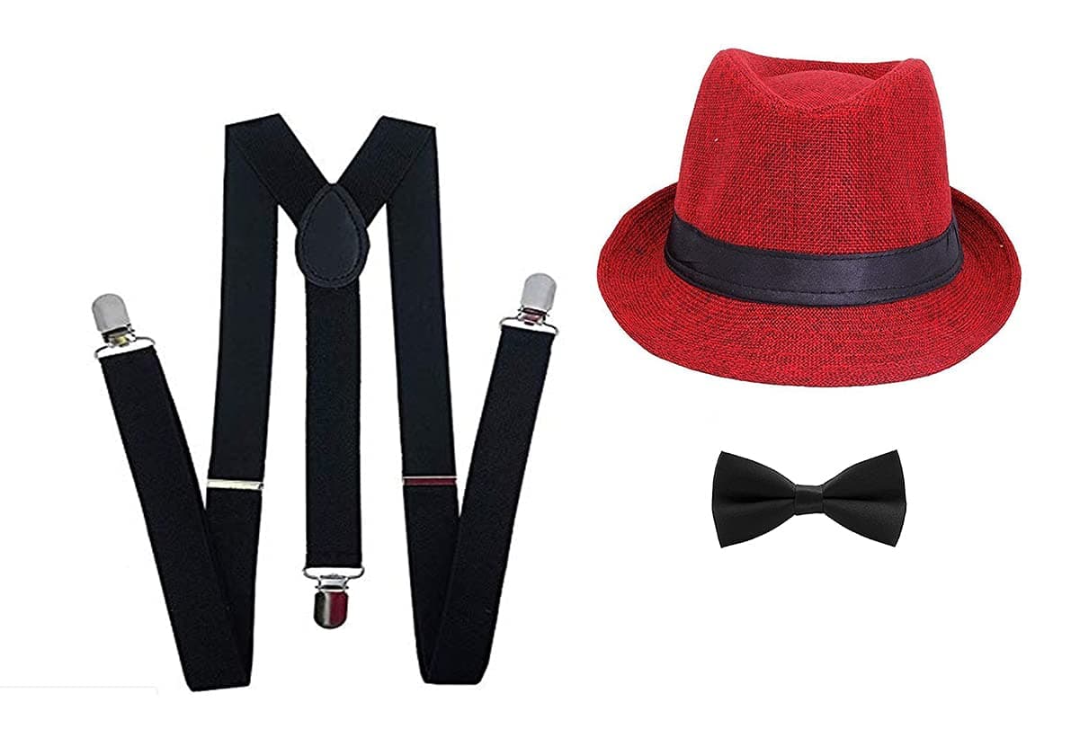 CLOTHERA Black Suspender and Bow Tie Set with Red Hat for 1yrs to 2yrs