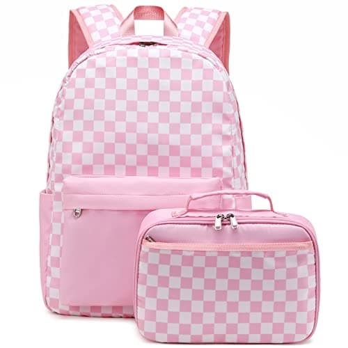 Octsky Kids Backpack for Girls Teens Elementary Middle School Bookbags Childs Back to School Bag with Lunch Box, Pink/White, One Size