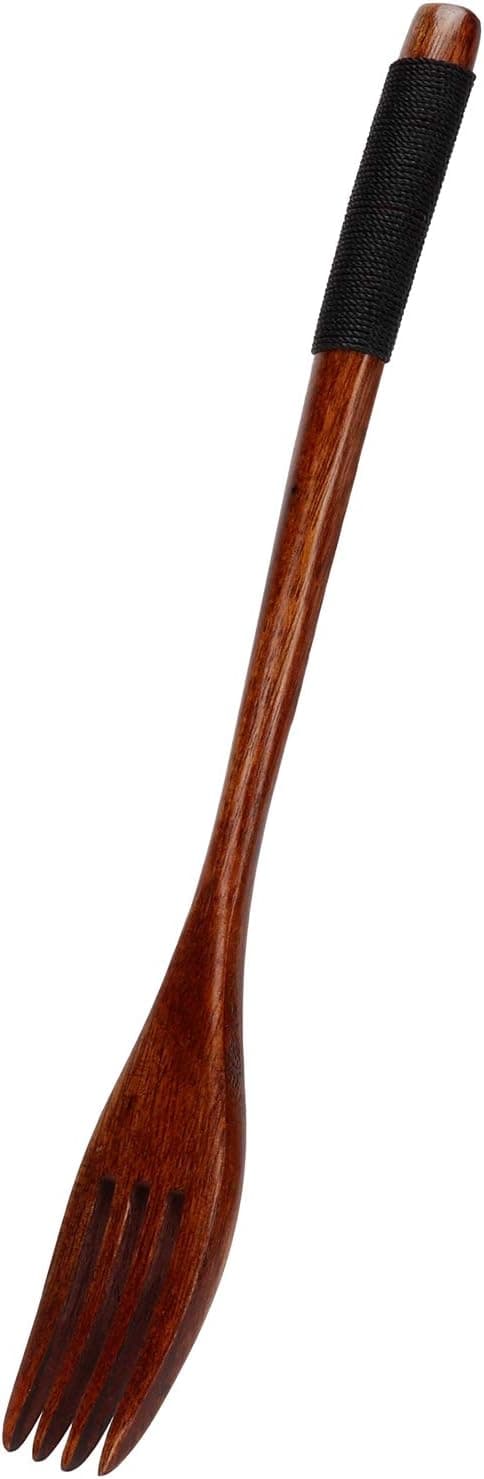 Wooden Dinner Fork Reusable Long Handle Wood Spoon Mixing Salad Fork Janpanese Dinnerware Cutlery for Camping Outdoor Kitchen Cooking Dinner Tableware