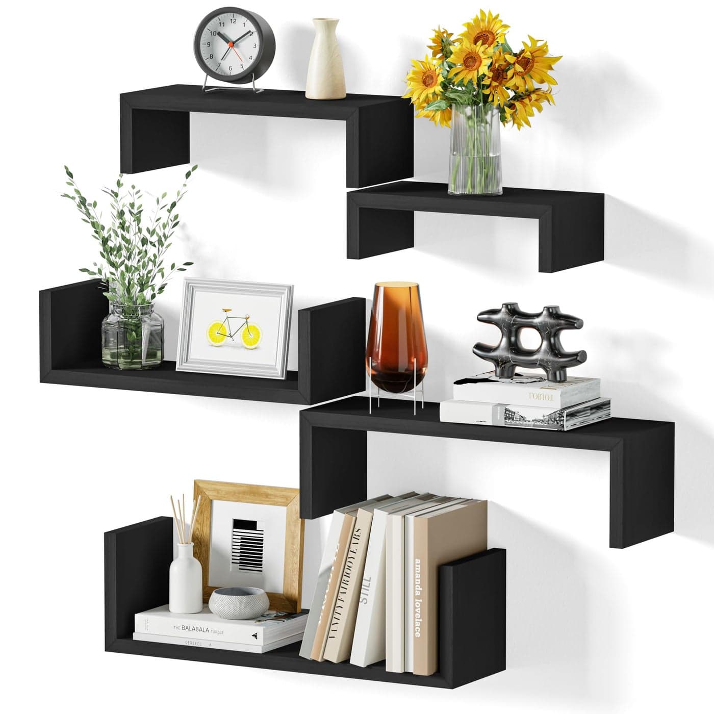 SRIWATANA Black Floating Wall Shelves Set of 5 Wooden Shelves for Wall Decor Display Shelves Book Shelf for Living room Kitchen Bathroom Bedroom Wall Mounted