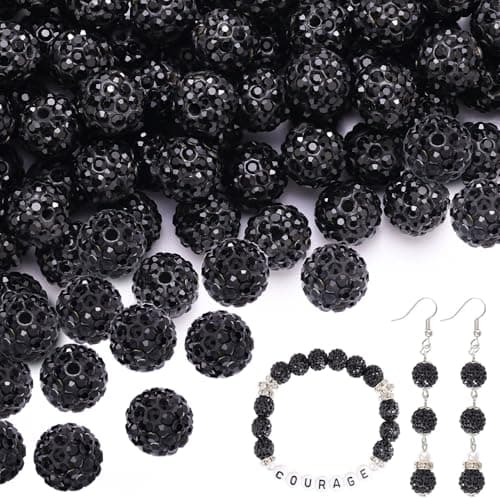 100 pcs 10mm Rhinestone Beads for Jewelry Making, Black Shiny Round Shamballa Disco Beads Bulk, Sparkle Crystal Clay Christmas for Bracelet Baseball Necklace Earring Crafting and DIY