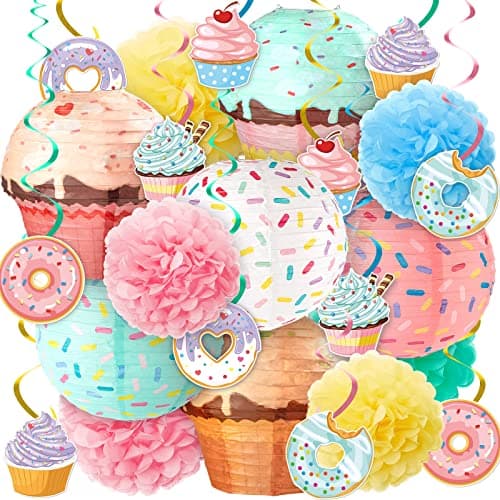 Hortsun 36 Pcs Halloween Donut Cupcake Party Hanging Paper Lanterns Two Sweet Birthday Supplies Hanging Swirls Paper Flowers Pom Poms Party Decor for Kids Girls Birthday Baby Shower Candy Supplies