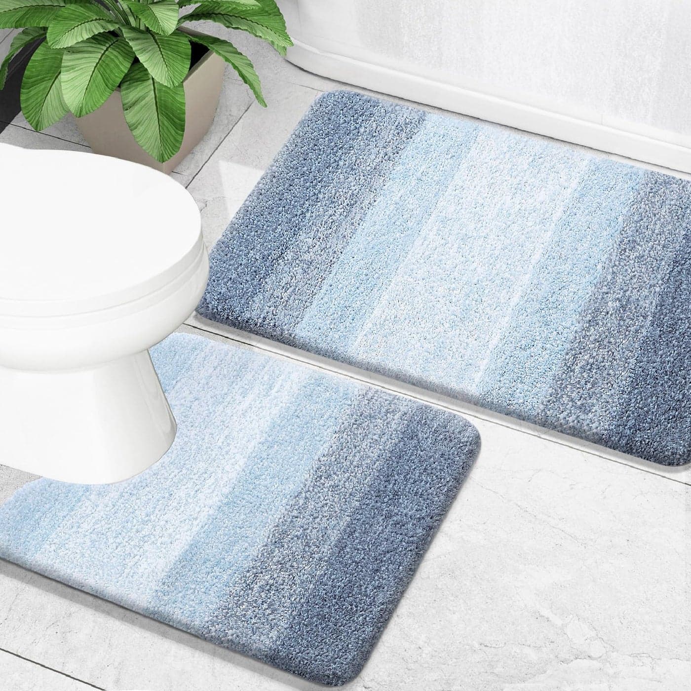 OLANLY Bathroom Rug Set 2 Piece Soft Absorbent Microfiber Bath Mats and UShaped Contour Toilet Rug NonSlip Machine Wash Dry Plush Shaggy Bath Mats for Bathroom 24x1624x20 Blue