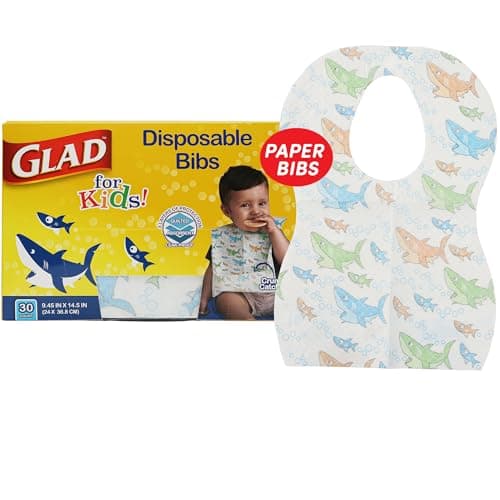Glad for Kids Shark Disposable Paper Bibs with Crumb Catcher Absorbent Leakproof Bibs for Toddlers and Babies Mess Free Feeding Crafts Parties and Travel Use 30 Count