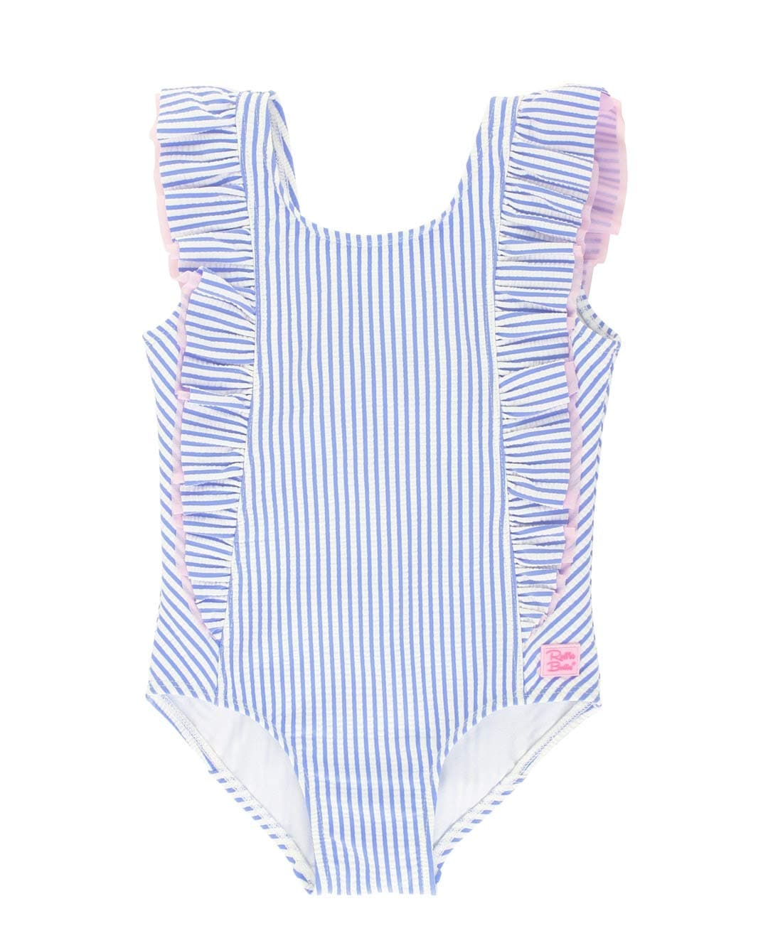 RuffleButts® Girls Periwinkle Blue Seersucker Waterfall One Piece - 7