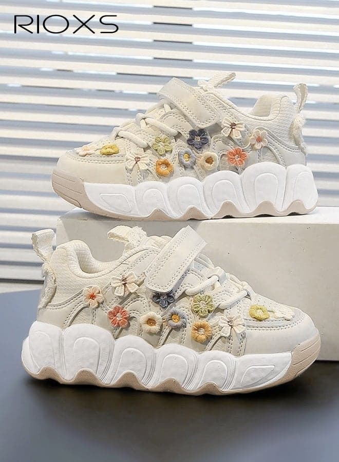 Toddler Gilrs Chunky Platform Sneakers, Trendy Flower and Bownot Athletic Running Sneakers for Kids Girls, Lightweight Breathable Leather Sports Shoes with Hook and Loop, Non-slip Shock Proof Kids Tennis Shoes Casual Walking Shoes, Suitable for School, Runnig, Playing, Riding, Playground and More, B