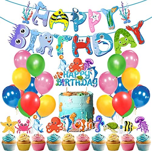 Zyozique 37 Piece Ocean Theme Party Decoration,Under The Sea Happy Birthday Paper Banner Balloons Cake and Cup Cake Toppers Kit, Underwater Animals Sign Party Supplies