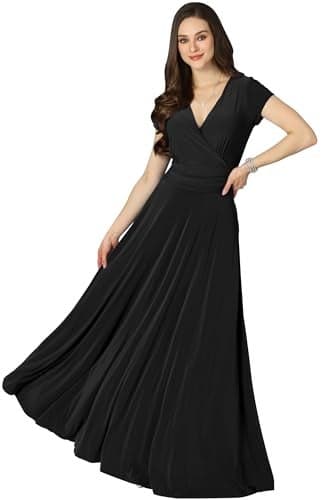 KOH KOH Plus Size Women’s Long Cap Short Sleeve Flowy Cocktail Semi Formal Prom Gala Black Tie Bridesmaid Wedding Guest Work Dressy Tall Gown Gowns Maxi Dress Dresses, Black 3XL 22-24