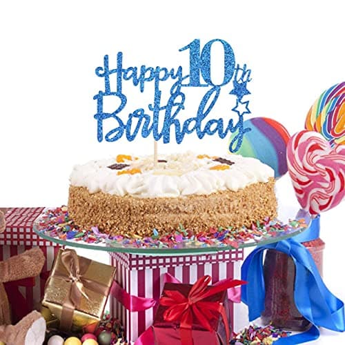 Festiko®Royal Blue Glitter Happy 10th Birthday Cake Topper - 10 Cake Topper - 10th Birthday Party Supplies - 10th Birthday Party Decorations