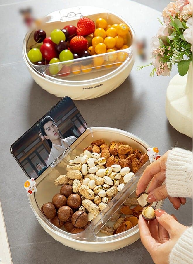 Double-Layer Snack Bowl, Detachable Nut Bowl with Cellphone Holder Slot, Pistachio Bowl with Food Waste Storage Compartment, Snack Serving Tray for Sunflower Seed Peanut Cherries Edamame Fruits Candy
