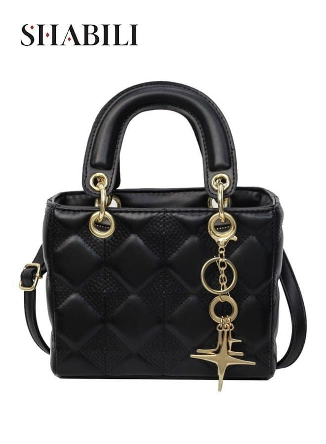Women PU Shoulder Bag Crossbody Bag Tote Sling Small Quilted Bag, Ladies Mini Diamond Quilted Handbag with Gold Charm, Multi-Pocket Structured Satchel for Teenager Youth Daily Casual Travel (Black)