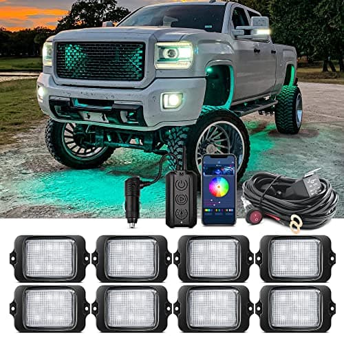 MICTUNING C3 Extensible RGBW LED Rock Lights - 8 Pods Wireless Control Multi-Color Neon Underglow Lights with Bluetooth APP & Control Box (Extensible Up to 32 Pods)