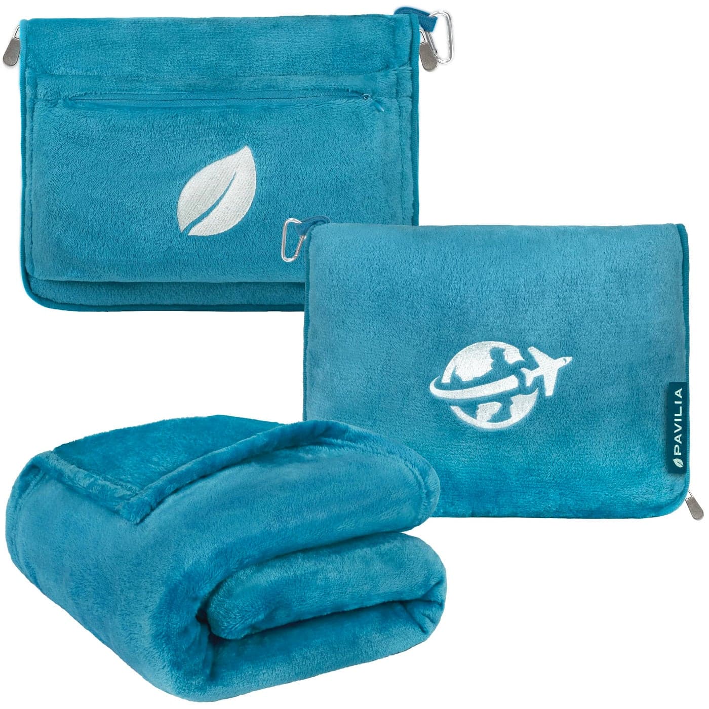 PAVILIA Travel Blanket and Pillow Arms Opening Airplane Blankets for Adults Compact Plane Blanket with Arm Hole 2in1 Bag for Flight Car Camping Fit in Luggage Backpack Traveler Gift Teal Blue