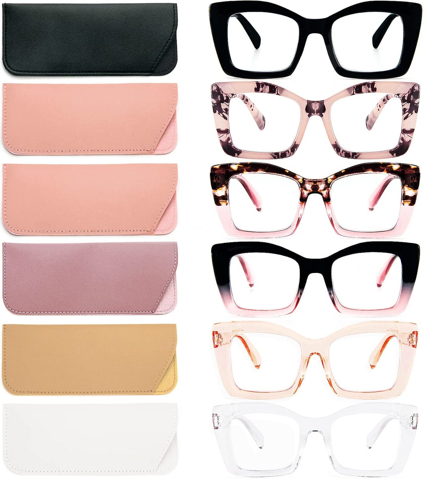 REAVEE 6 Pack Oversized Square Reading Glasses Oprah Style for Women Blue Light Blocking Large Frame Computer Designer Fashion Readers Spring Hinge with Leather Case00