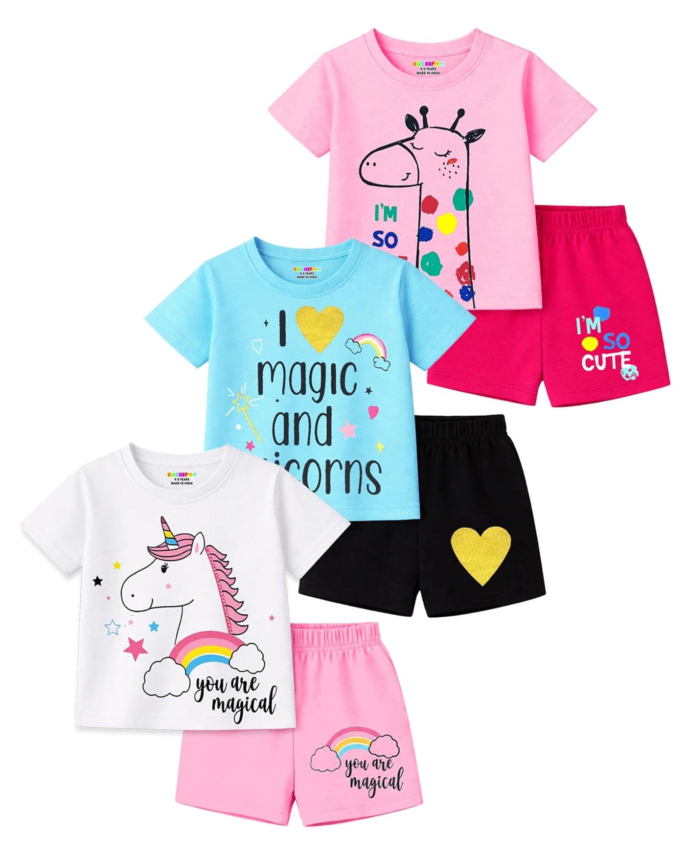 Kuchipoo Girls Cotton Printed Regular Fit T-Shirts and Shorts Set (KUC-BSUT-123, 5-6 Years, Multi-Colored)