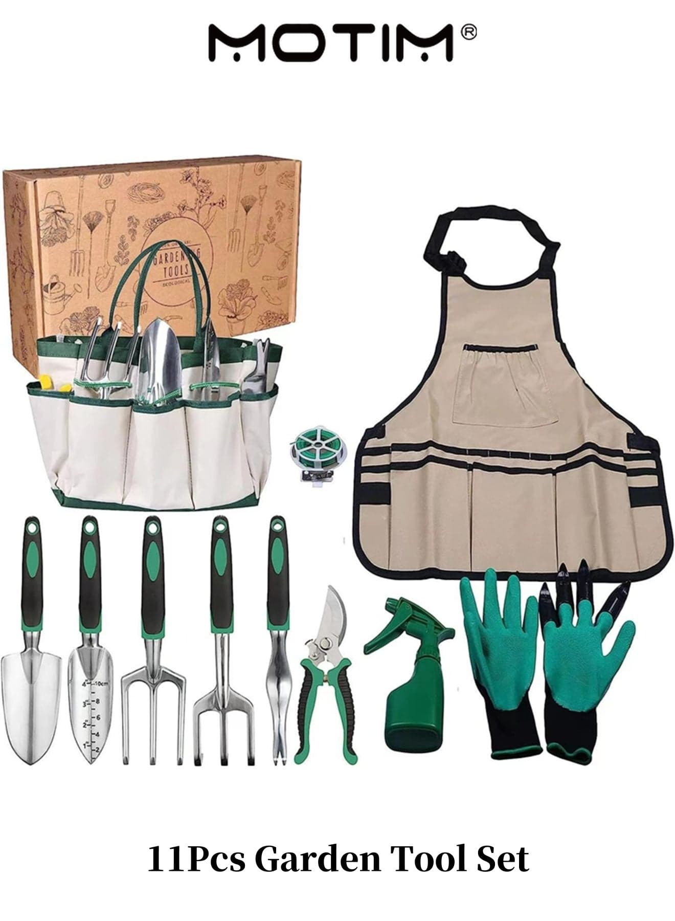 11PCS Garden tool Set Heavy Duty Aluminum Hand tool with Gloves Apron Sprayer Storage tote Bag Gardening Gifts for Starter Gardener